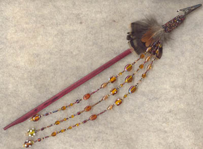 Roach Clip - PurpleHeart stick with turkey feathers and lampwork beads, peyote-stitch collar
