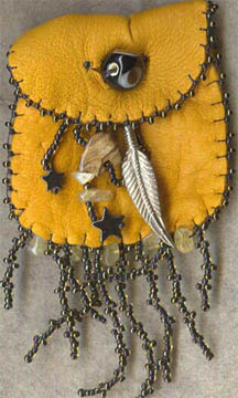 soft buckskin Medicine bag with beaded stitching and fringe, pewter feather and citrine gem chips